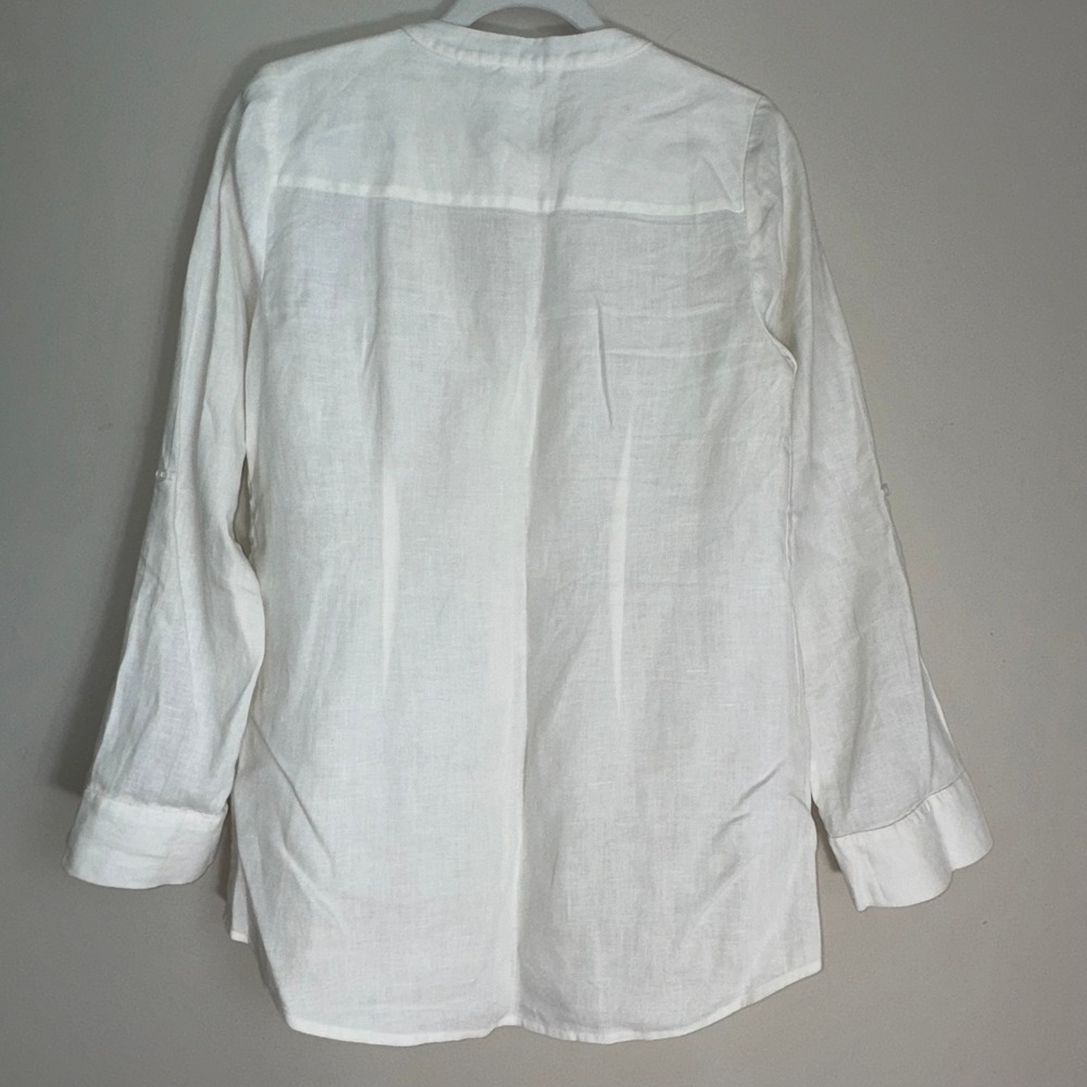 Boden White 100% Linen Ruffle Front Roll Tab Sleeve Blouse Womens US 6 UK 10 - Picture 12 of 14